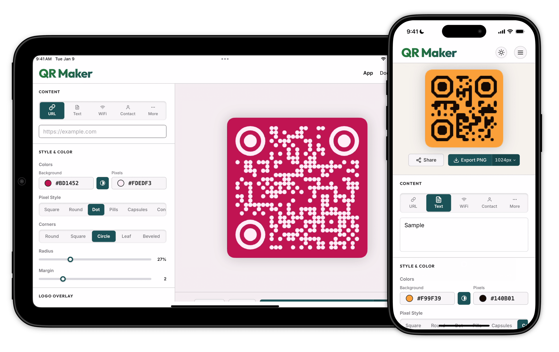 QR Maker as a web app on iPad Mini and iPhone